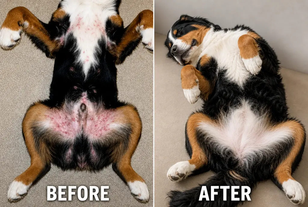 Before and after: a senior dog with fatty lumps, then with smooth healthy skin after the routine